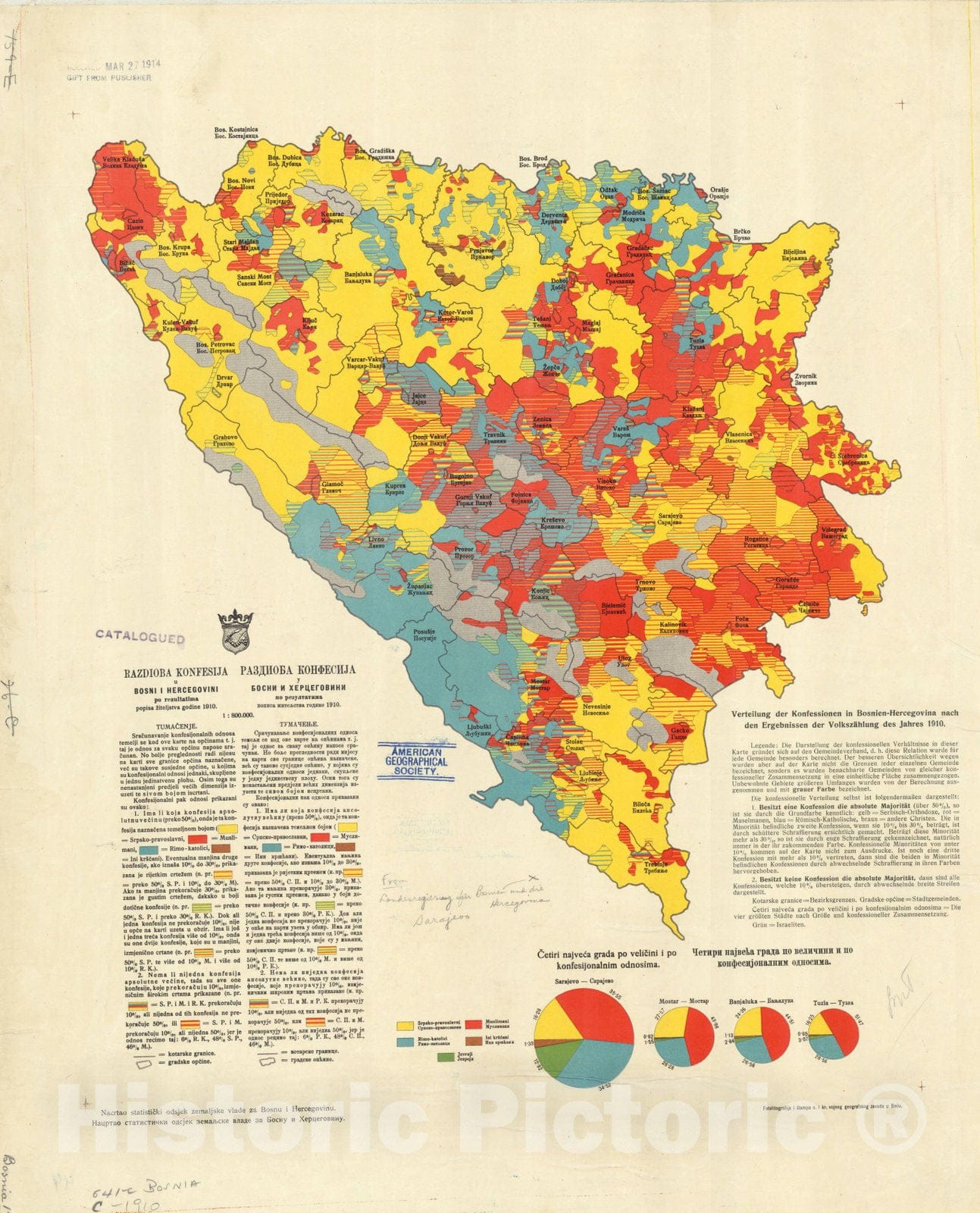 Map : Bosnia and Hercegovina 1910, Razdioba Konfesija u Bosni i Hercegovina po resultatima popisa ziteljstva godine 1910, Antique Vintage Reproduction