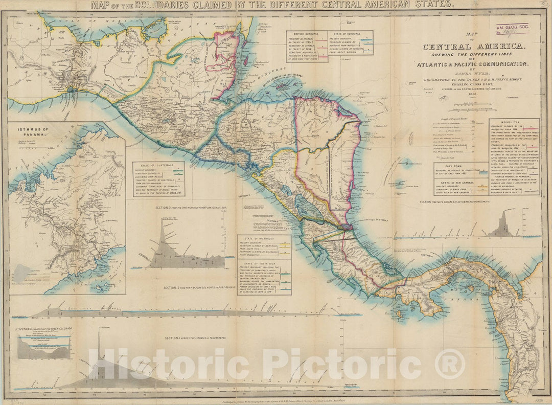 Map : Central America 1856, Map of Central America, shewing the different lines of Atlantic & Pacific Ommunication , Antique Vintage Reproduction