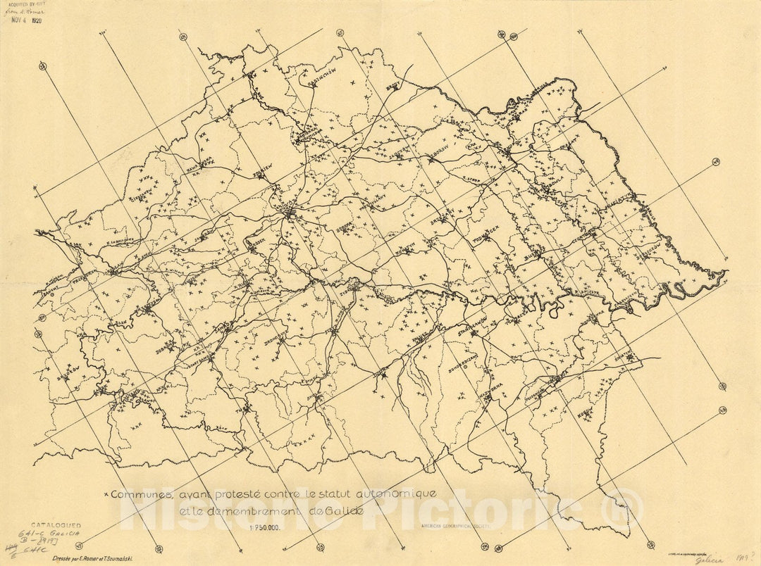 Map : Galicia, Poland and Ukraine 1919, Communes, ayant proteste contre le statut autonomique et le demembrement de Galicie , Antique Vintage Reproduction