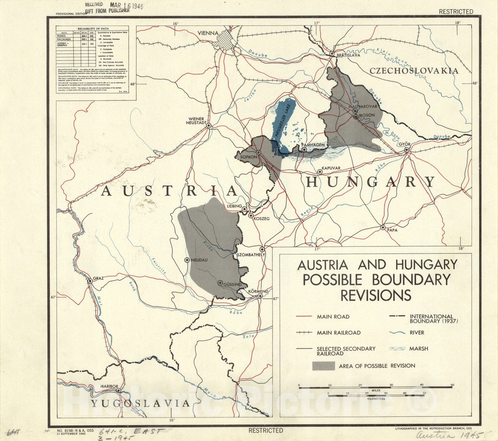 Map : Austria and Hungary 1945, Austria and Hungary, possible boundary revisions , Antique Vintage Reproduction