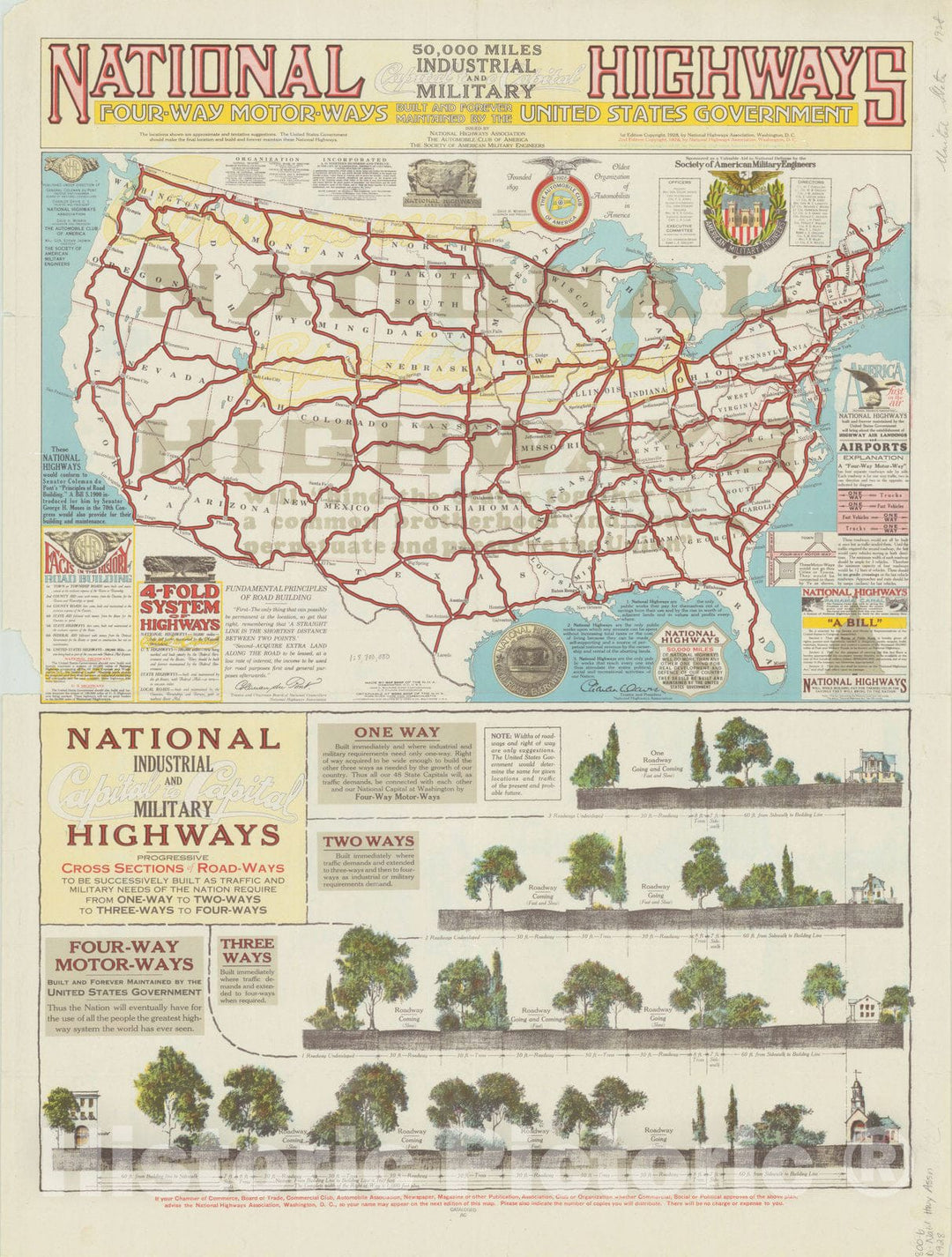 Map : United States 1928, National industrial and military highways , Antique Vintage Reproduction