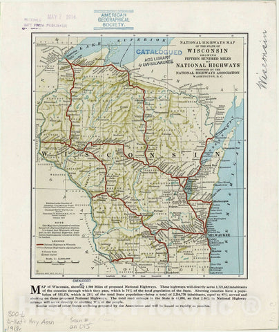 Map : Wisconsin 1913, National highways map of the state of Wisconsin : showing fifteen hundred miles of national highways