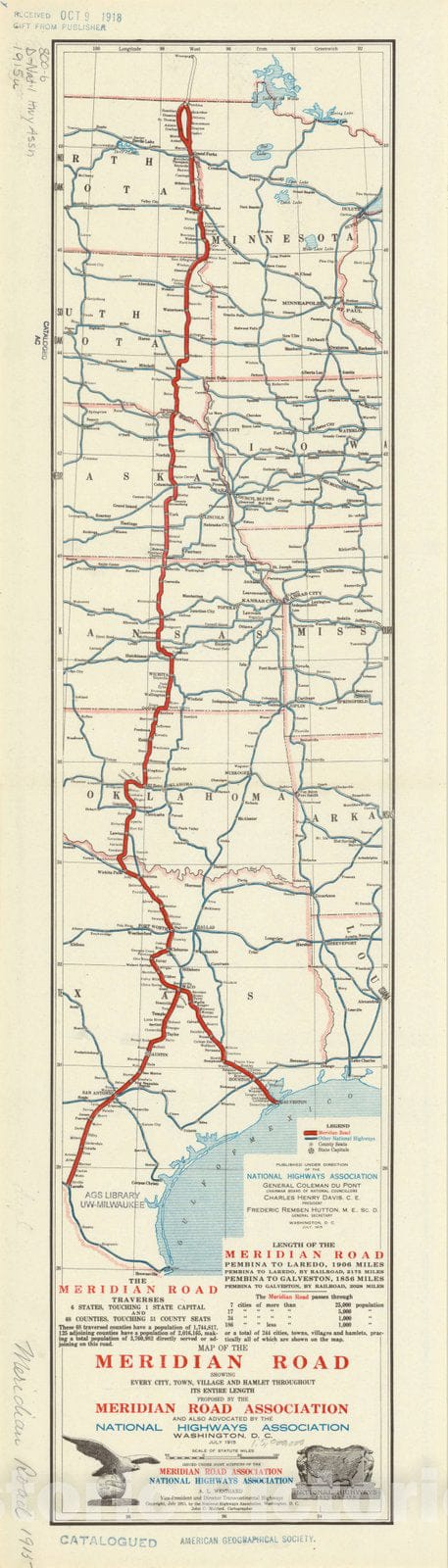 Map : Central United States 1915, Map of the Meridian Road : showing every city, town, village and hamlet throughout its entire length , Antique Vintage Reproduction