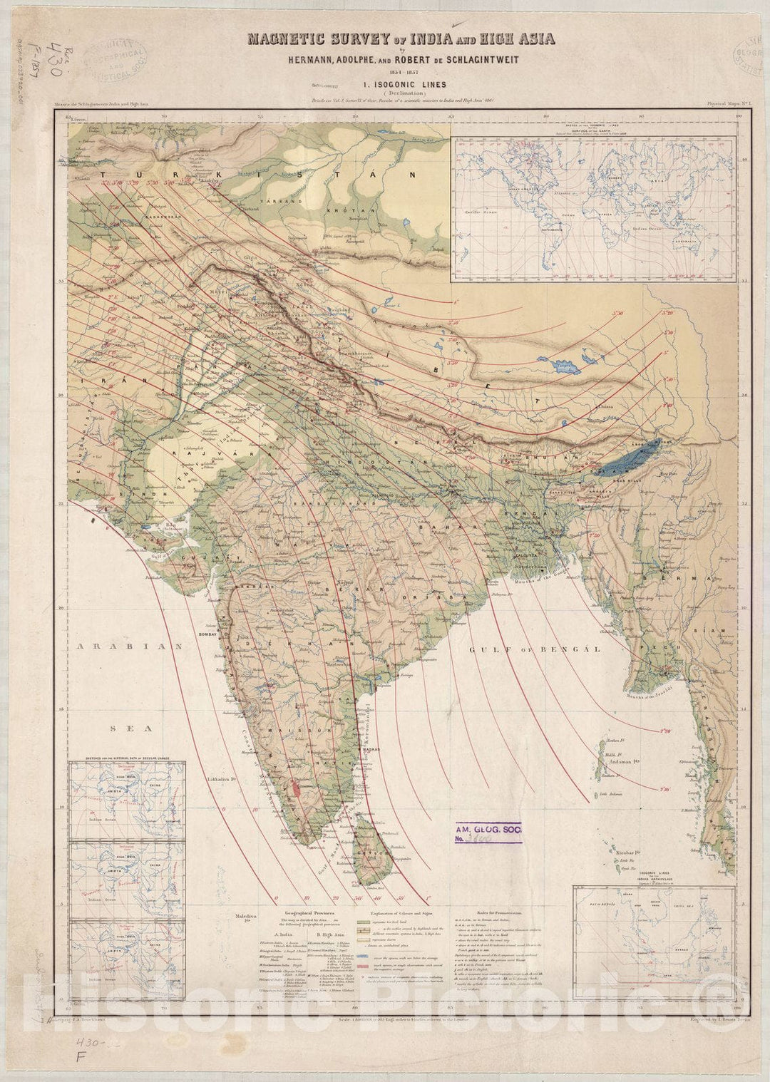 Map : India 1861 2, Magnetic survey of India and High Asia , Antique Vintage Reproduction