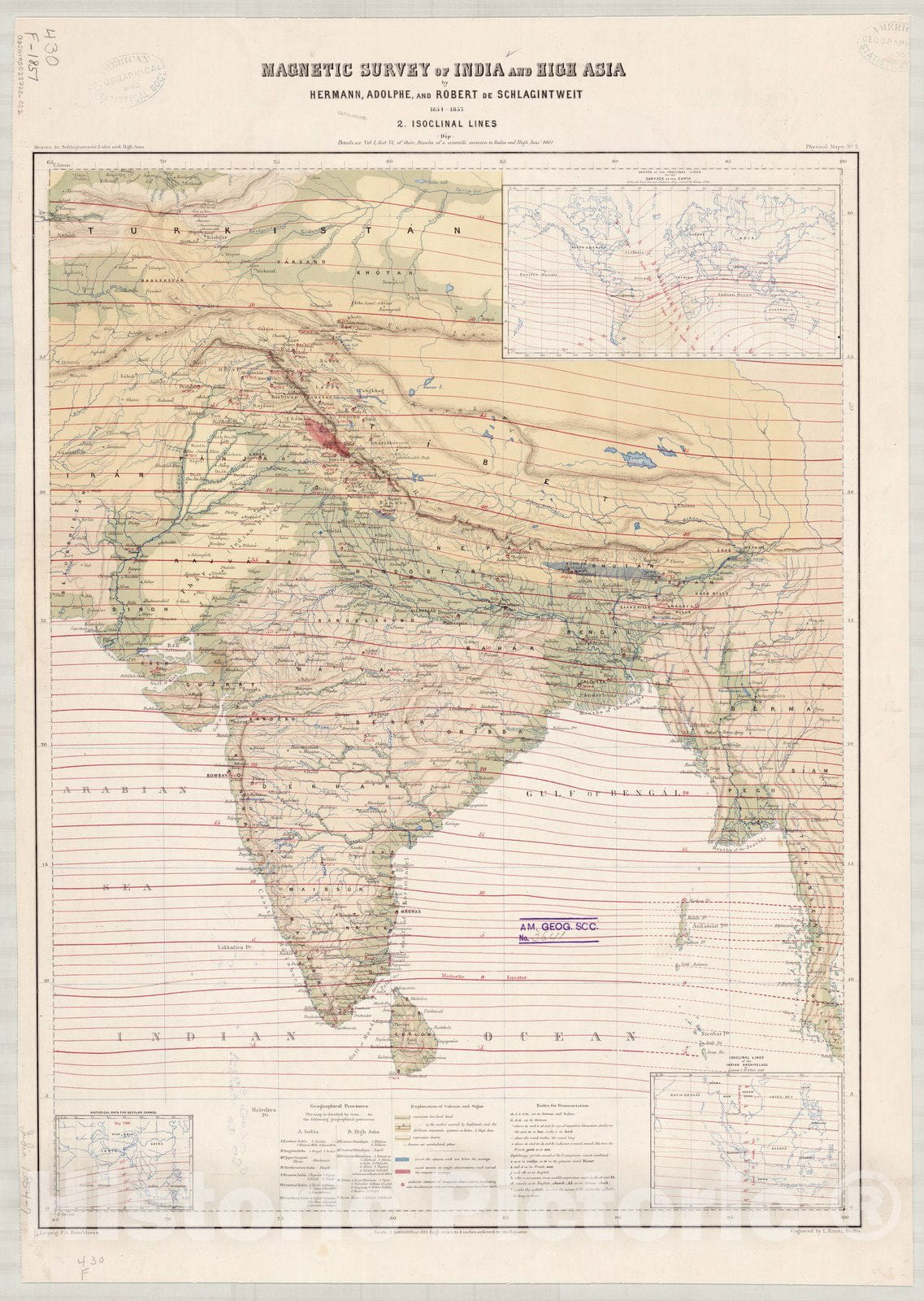 Map : India 1861 3, Magnetic survey of India and High Asia , Antique Vintage Reproduction