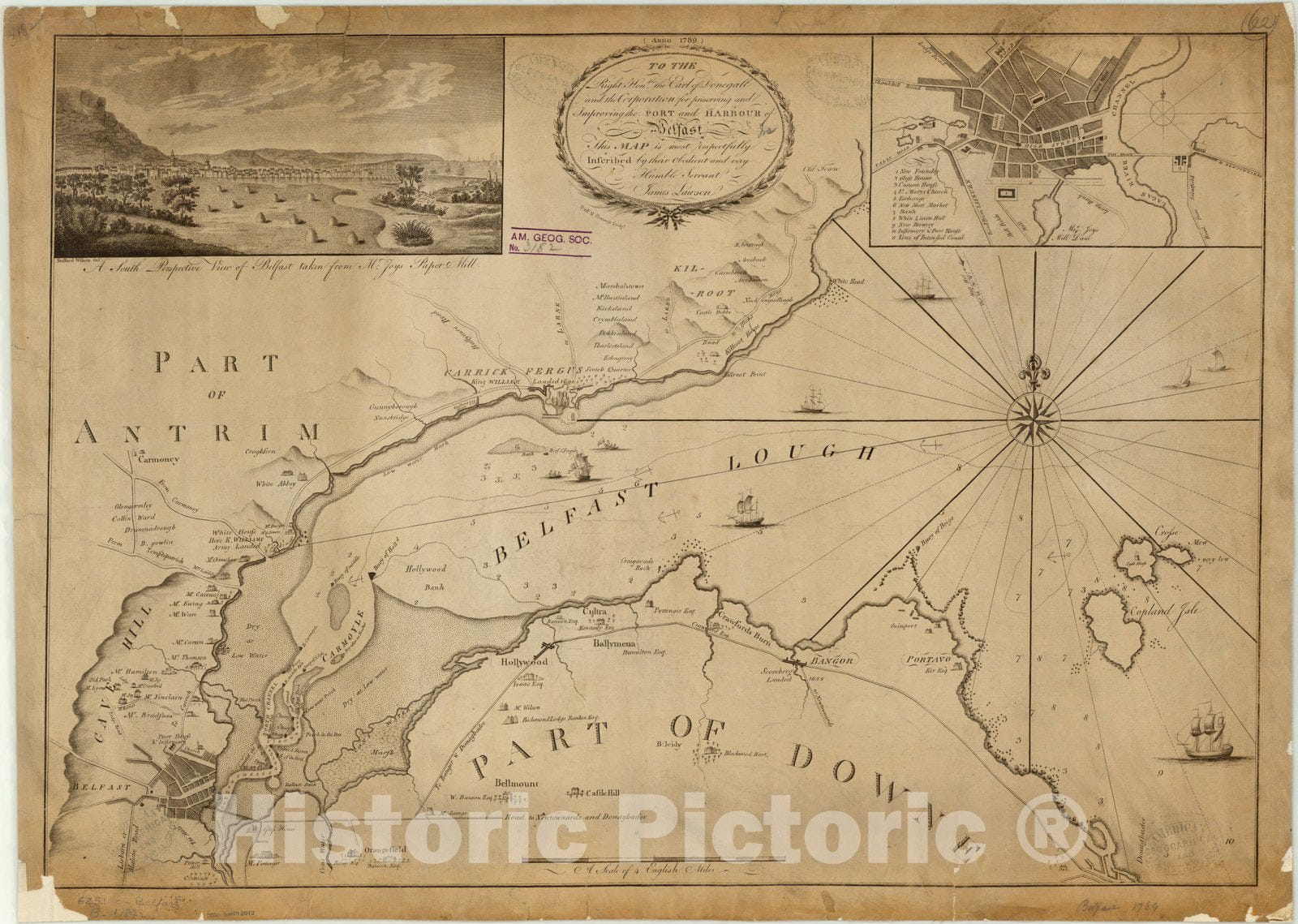 Map : Belfast, Ireland 1789, To the right honble. the Earl of Donegall and the corporation for preserving and improving the port and harbour of Belfast