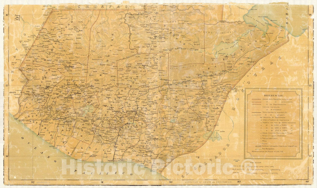 Map : Guatemala 1889, Mapa de la Republica de Guatemala, America central , Antique Vintage Reproduction