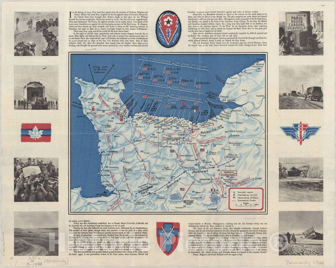 Map : France 1944, D-Day in Normandy , Antique Vintage Reproduction