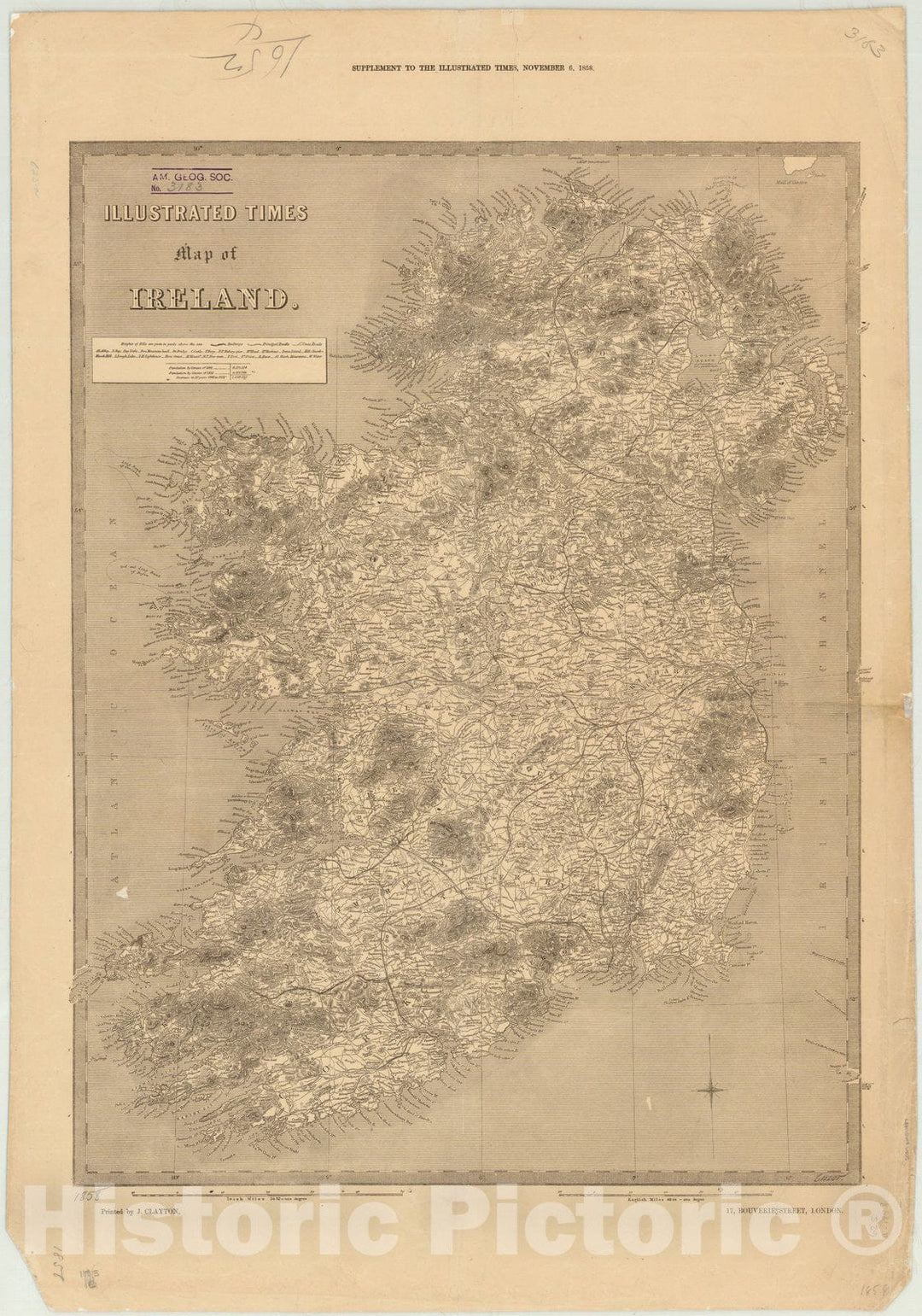 Map : Ireland 1858, Illustrated Times map of Ireland, Antique Vintage Reproduction