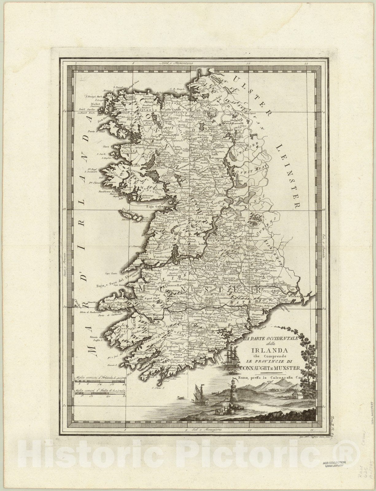 Map : Western Ireland 1795, La Parte Occidentale della Irlanda che comprende le provincie di Connaught e Munster, Antique Vintage Reproduction