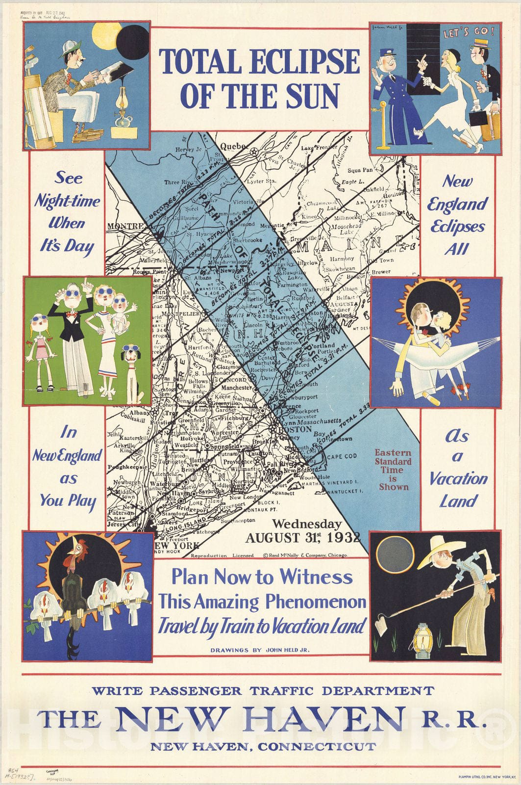 Map : New England 1932, Total eclipse of the sun : see night-time when its day in New England while you play, New England eclipses all as vacation land