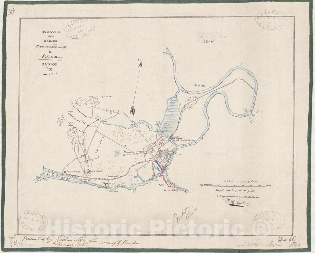 Map : Ho Chin Minh City, Vietnam 1860, Ministere de la marine, Coyos expeditionnaire de l'Indo Chine, Saigon 1860 , Antique Vintage Reproduction