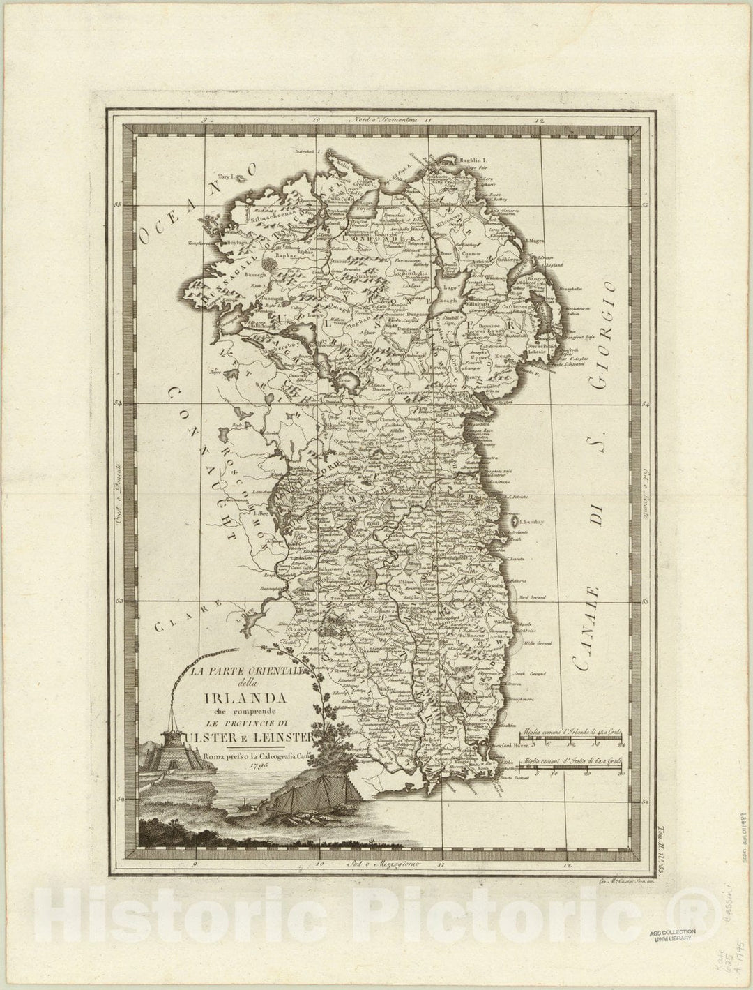 Map : Eastern Ireland 1795, La Parte orientale della Irlanda che comprende le provincie di Ulster e Leinster, Antique Vintage Reproduction