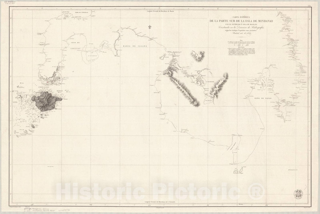 Map : Mindanao Island, Philippines 1859, Carta esferica de la parte sur de la Isla de Mindanao con el Estrecho e Isla de Basilan , Antique Vintage Reproduction