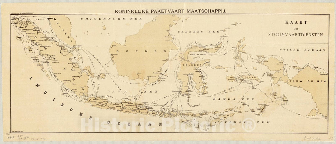 Map : Indonesia 1870, Kaart der Stoomvaartdiensten , Antique Vintage Reproduction