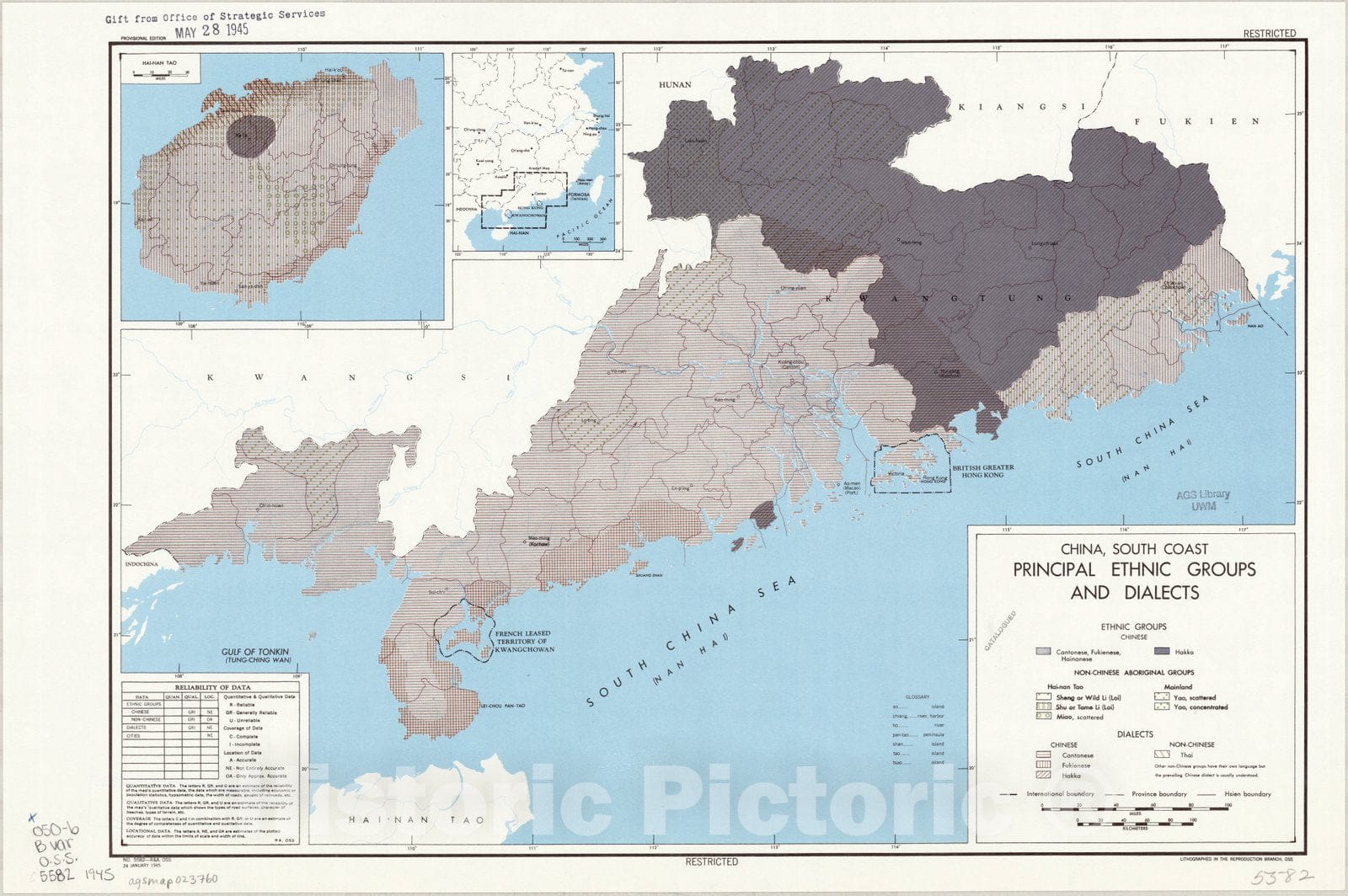 Map : China 1945, China, south coast, principal ethnic groups and dialects , Antique Vintage Reproduction