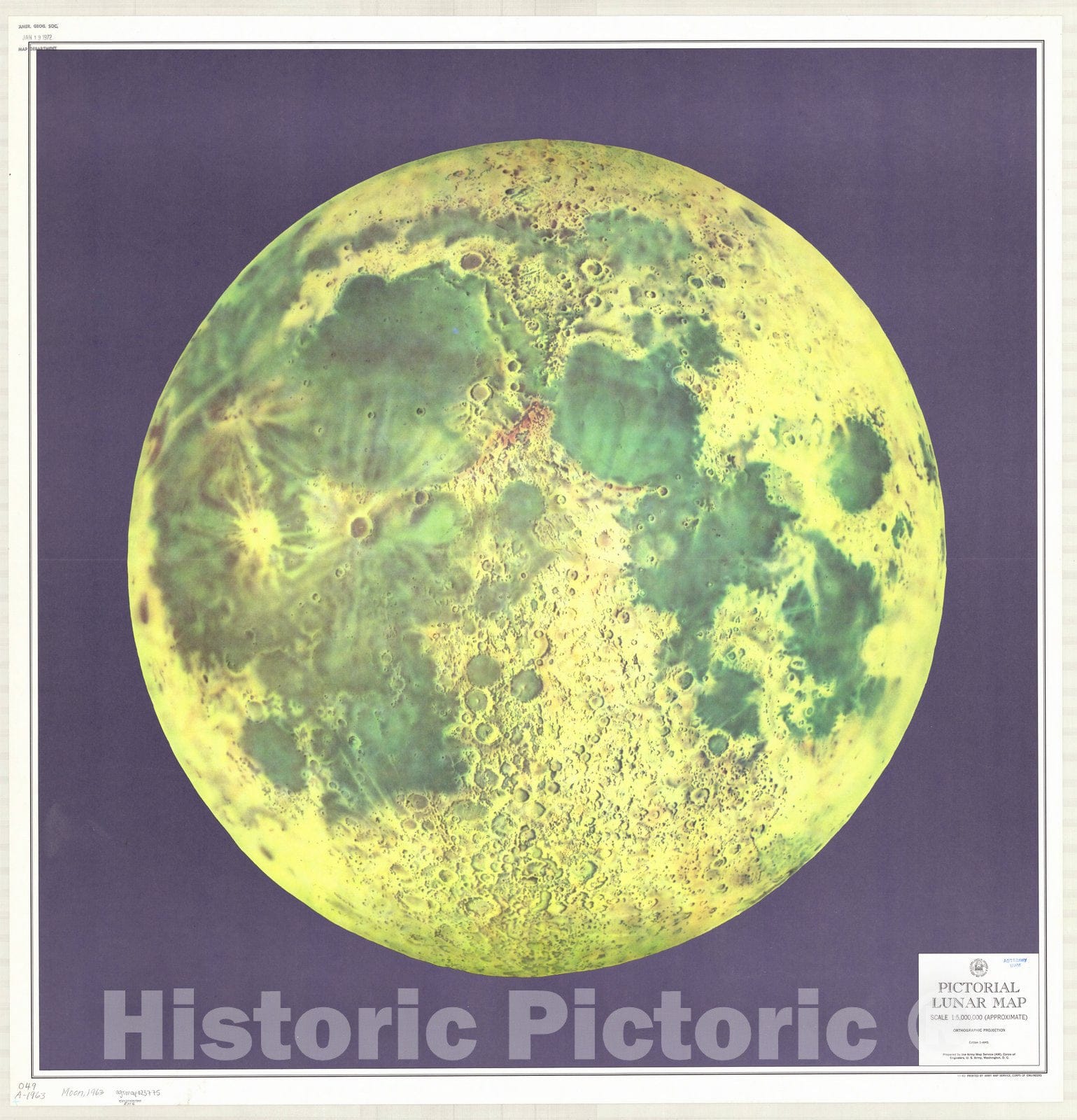 Map : Moon 1963, Pictorial lunar map , Antique Vintage Reproduction