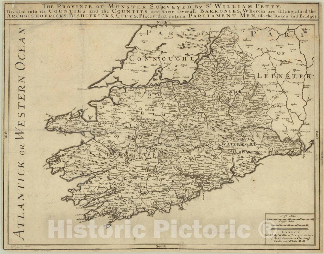 Map : Munster, Ireland 1689, Antique Vintage Reproduction