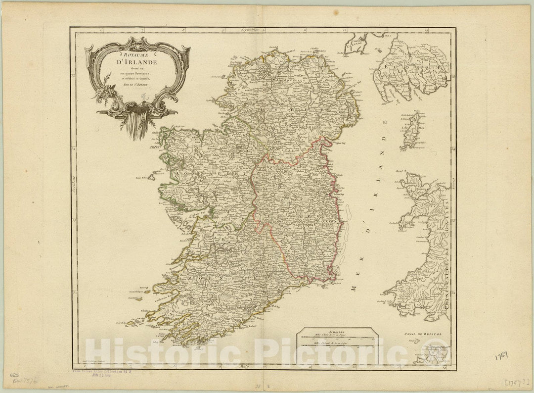 Map : Ireland 1753, Royaume d'Irlande divise en ses quatre provinces et subdivise en comtes , Antique Vintage Reproduction