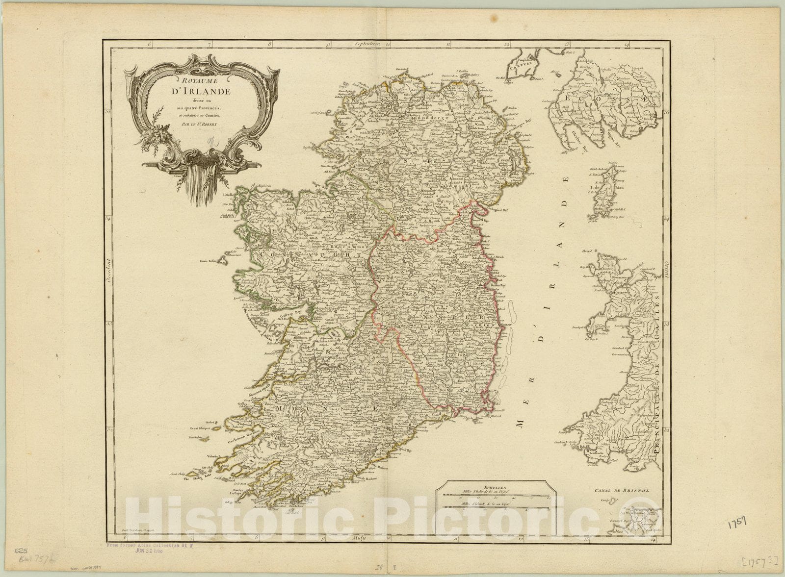 Map : Ireland 1753, Royaume d'Irlande divise en ses quatre provinces et subdivise en comtes , Antique Vintage Reproduction