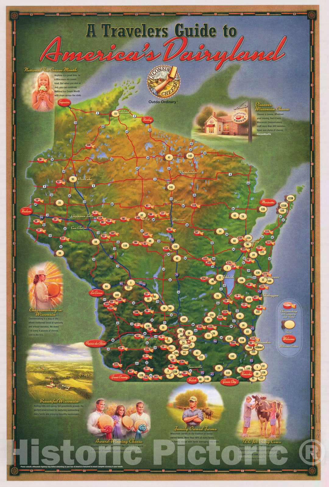 Map : Wisconsin 2013, A traveler's guide to America's dairyland, Antique Vintage Reproduction