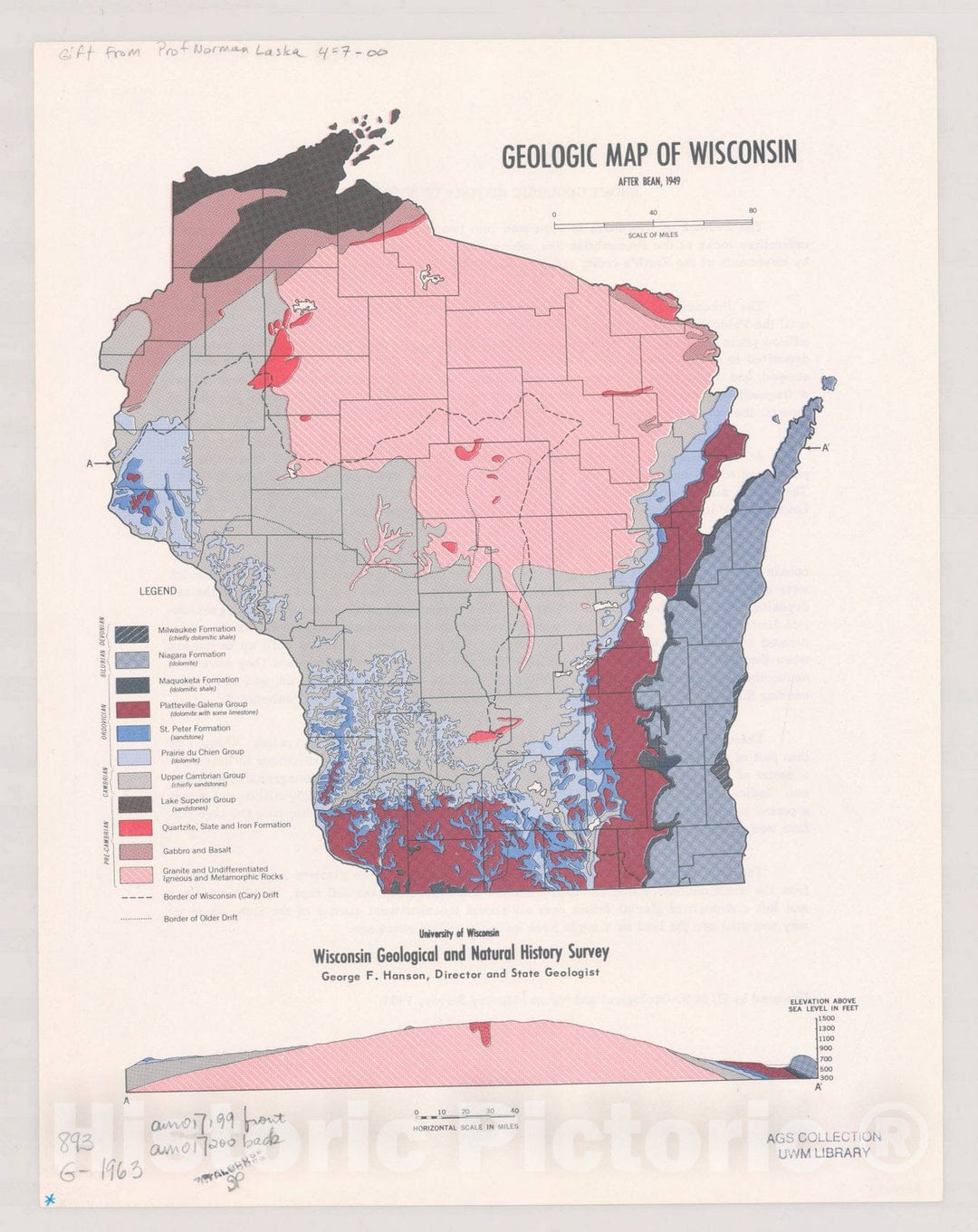 Map : Wisconsin 1963, Geologic map of Wisconsin, after Bean, 1949 , Antique Vintage Reproduction