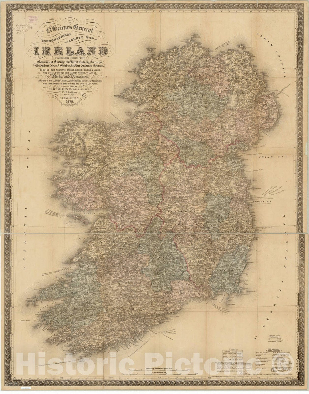 Map : Ireland 1878, Antique Vintage Reproduction