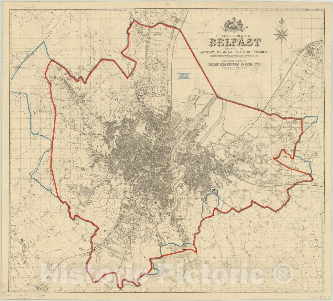 Historic Map : Belfast, Northern Ireland 1913, The City & suburbs of Belfast showing the municipal & parliamentary boundaries : reduced from the Ordnance Survey and corrected to date