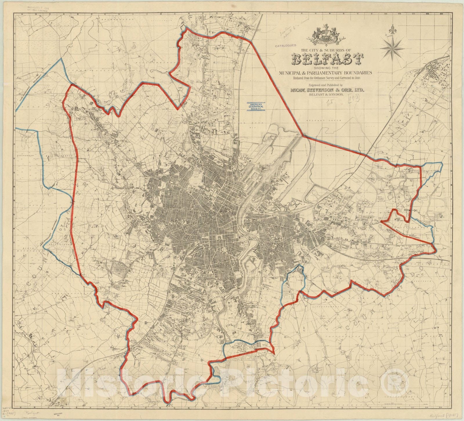 Historic Map : Belfast, Northern Ireland 1913, The City & suburbs of Belfast showing the municipal & parliamentary boundaries : reduced from the Ordnance Survey and corrected to date