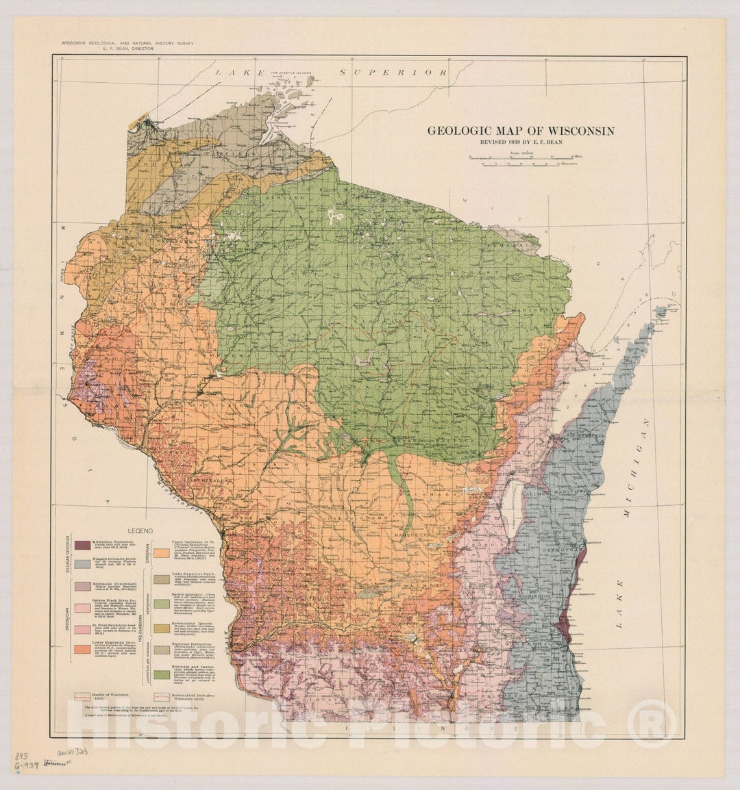 Map : Wisconsin 1939, Geologic map of Wisconsin, Antique Vintage Reproduction