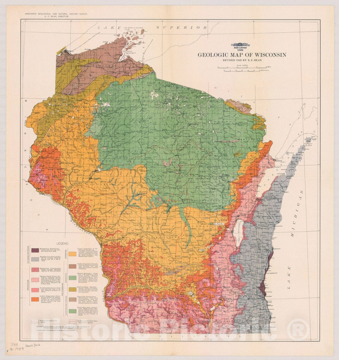 Map : Wisconsin 1949, Geologic map of Wisconsin, Antique Vintage Reproduction