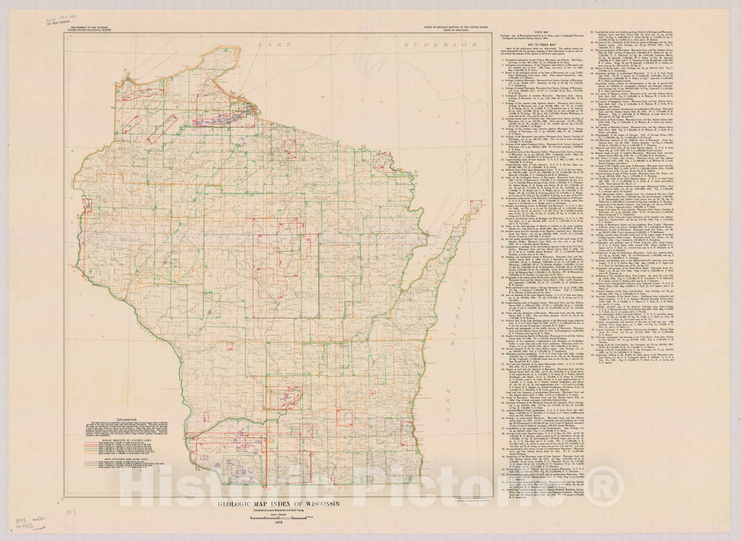 Map : Wisconsin 1953, Geologic map index of Wisconsin , Antique Vintage Reproduction