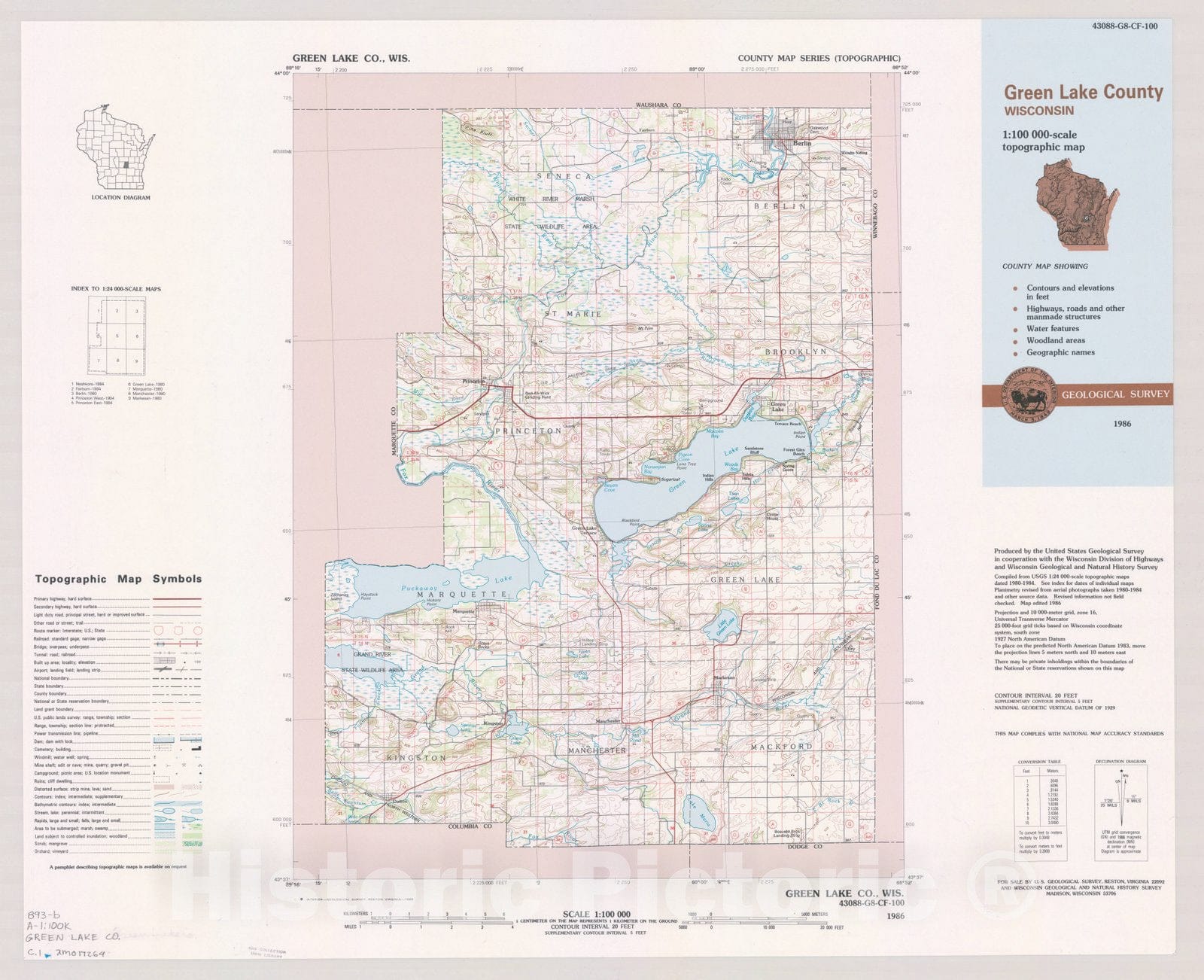 Map : Green Lake County, Wisconsin 1986, County map series (topographic), [Wisconsin] , Antique Vintage Reproduction