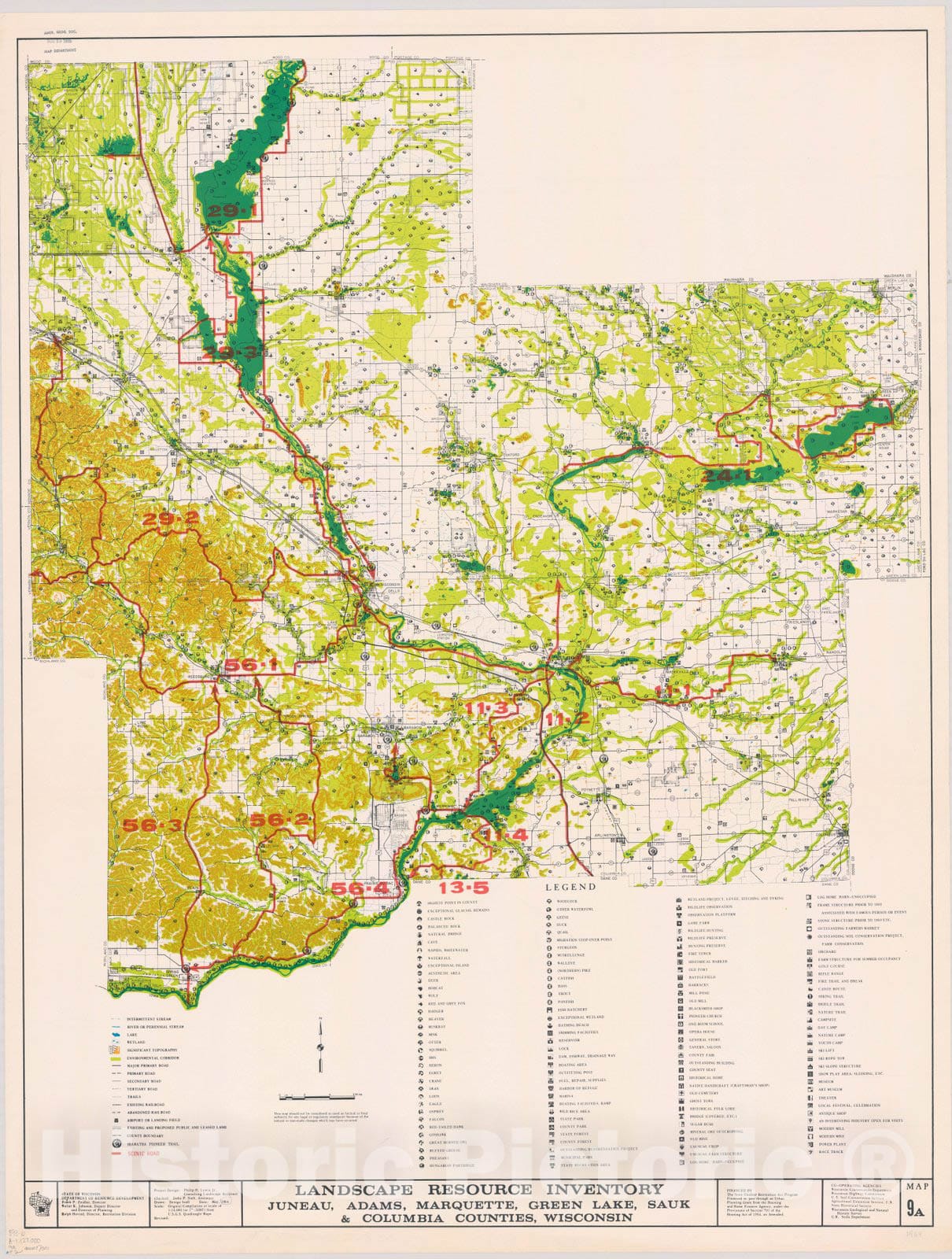 Map : Juneau, Adams, Marquette, Green Lake, Sauk & Columbia counties, Wisconsin 1964 1, Landscape resource inventory ... Wisconsin. , Antique Vintage Reproduction