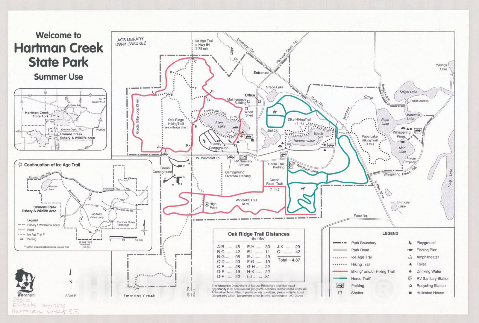 Map : Welcome to Hartman Creek State Park, summer use , Wisconsin , [Wisconsin state parks , forests, recreation areas & trails maps], Antique Vintage Reproduction