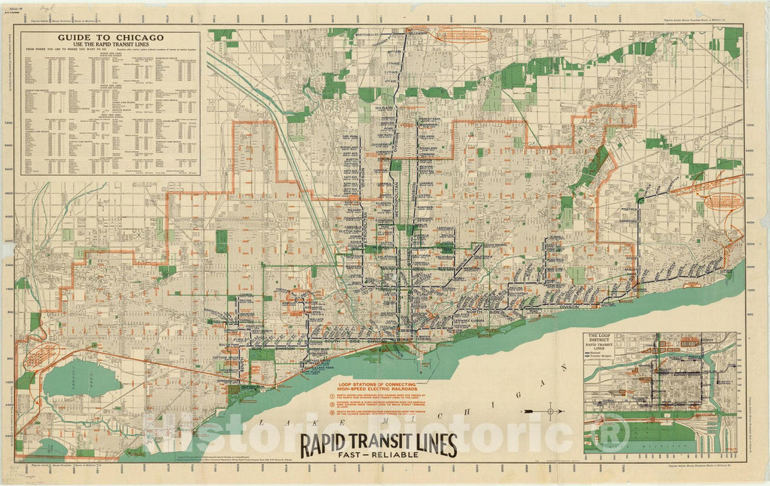 Map : Chicago, Illinois 1926, Guide to Chicago : use the rapid transit lines from where you are to where you want to go , Antique Vintage Reproduction