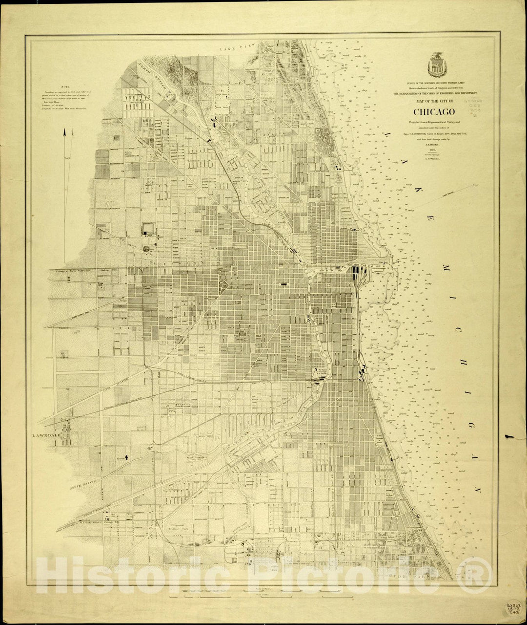 Map : Chicago, Illinois 1872, Map of the city of Chicago : projected from a trigonometrical survey , Antique Vintage Reproduction