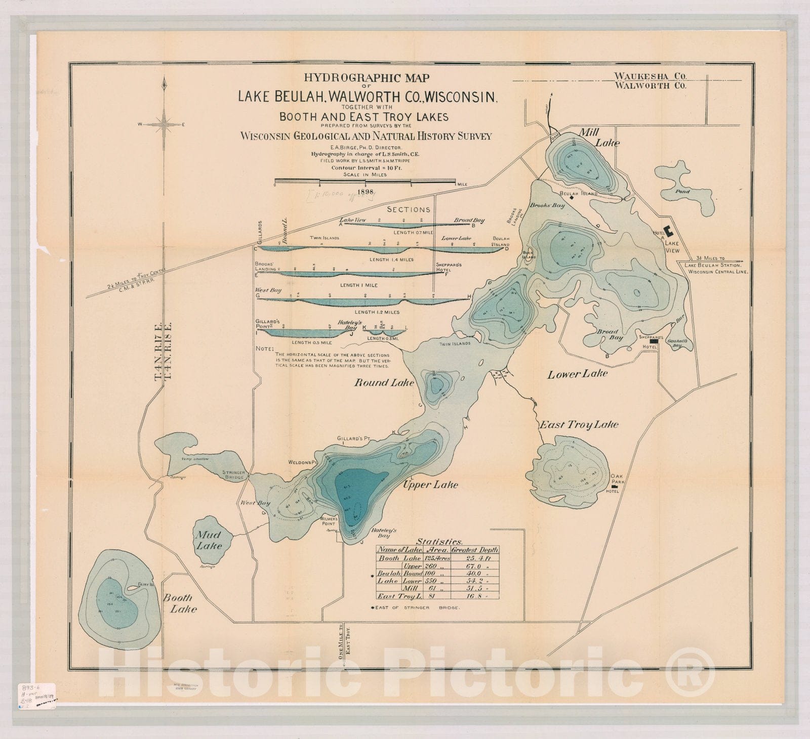 Map : Lake Beaulah, Walworth County, Wisconsin 1899, Hydrographic map of Lake Beulah, Walworth Co., Wisconsin : together with Booth and East Troy Lakes