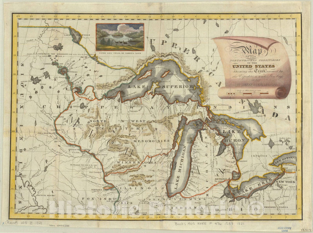 Map : Northwestern United States 1821, Map of the Northwestern Territories of the United States : shewing the track pursued by the expedition under Gov. Cass in 1820