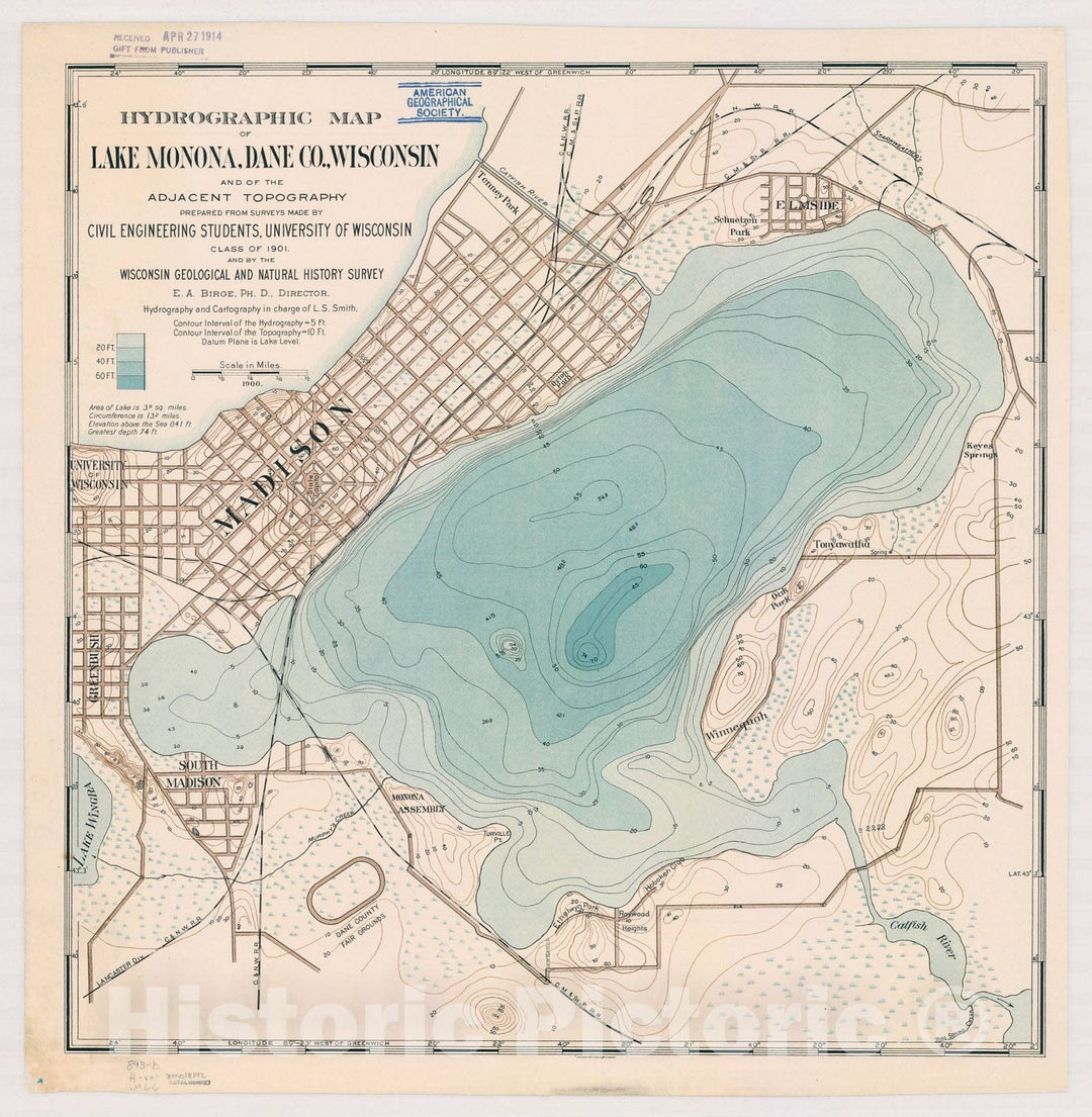 Map : Lake Monoma, Dane County, Wisconsin 1901, Hydrographic map of Lake Monona, Dane Co., Wisconsin and of the adjacent topography , Antique Vintage Reproduction