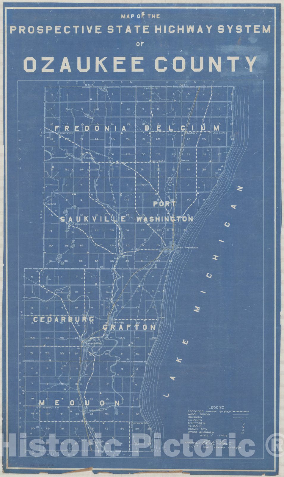 Map : Ozaukee County, Wisconsin 1913, Map of the prospective State Highway System of Ozaukee County, Antique Vintage Reproduction