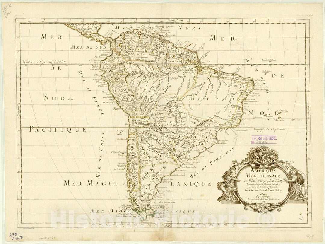 Map : South America 1679, Amerique Meridionale par N. Sanson geographe ordre. du roy : Reveue et changee en plusieurs endroits suivant les memoires les plus recents