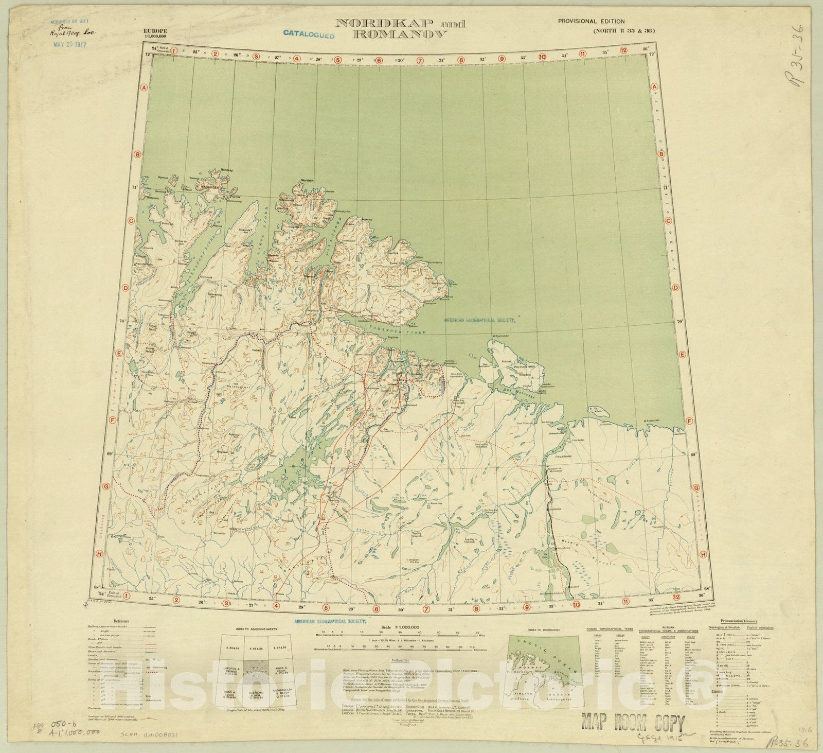 Map : Nordkap, Norway 1916, Europe 1:1,000,000 Nordkap and Romanov , Antique Vintage Reproduction