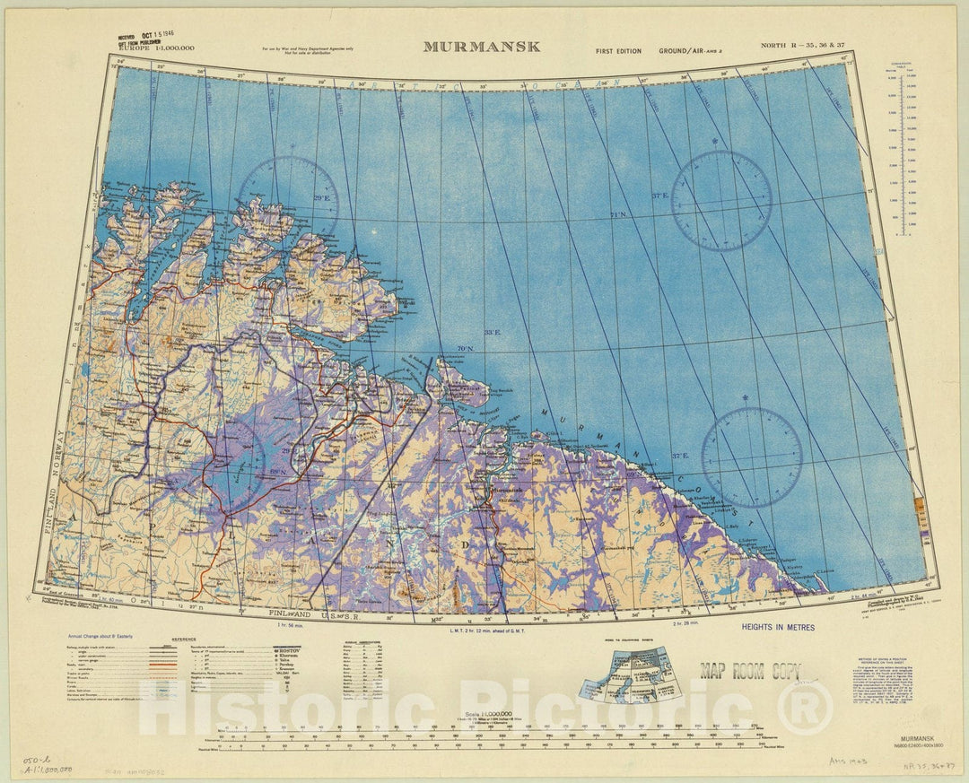 Map : Murmansk, Russia 1943, Europe 1:1,000,000 Murmansk , Antique Vintage Reproduction