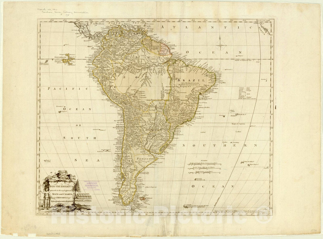 Map : South America 1779, South America agreeable to the most approv'd maps and charts , Antique Vintage Reproduction