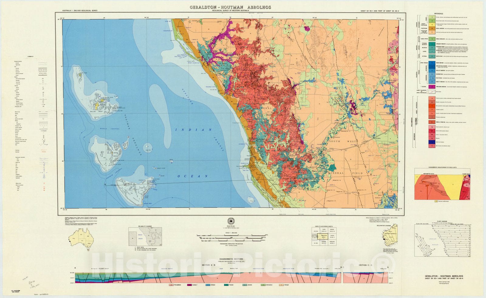 Map : Geraldton-Houtman Abrolhos, Australia 1971, Australia 1:250,000 geological series , Antique Vintage Reproduction