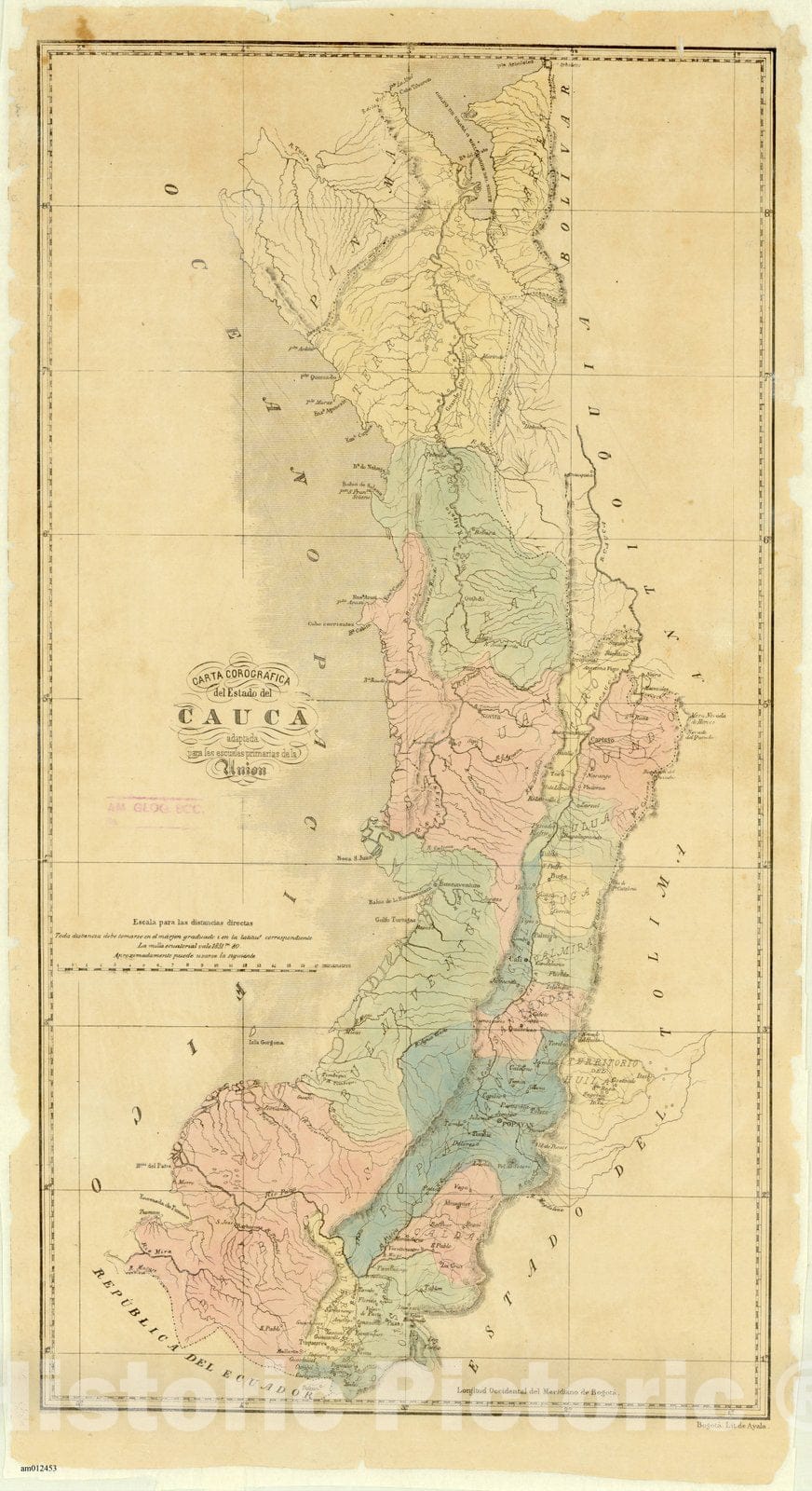 Map : Cauca, Colombia 1856, Carta Corografica del estado del Cauca adaptada par alas escuelas primarias de la Union, Antique Vintage Reproduction