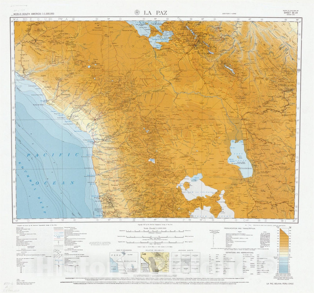 Map : La Paz, Bolivia 1922/1952, World (South America) 1:1,000,000 La Paz sheet SE-19, Antique Vintage Reproduction