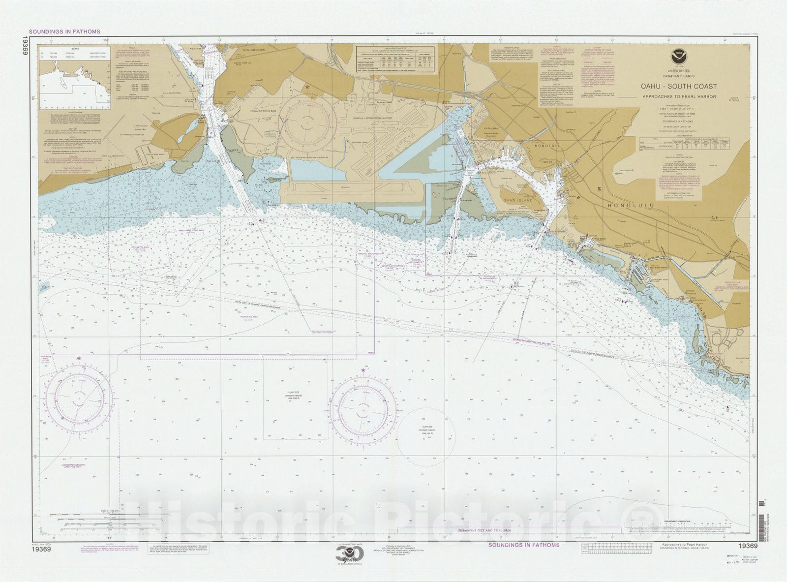 Map : Pearl Harbor, Hawaii 2000, United States, Hawaiian Islands, Oahu, South Coast, approaches to Pearl Harbor , Antique Vintage Reproduction