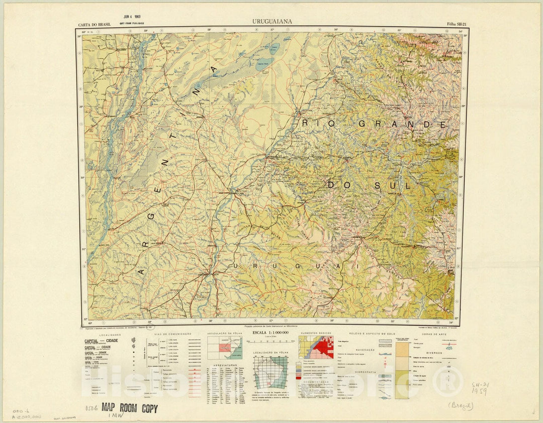 Map : Uruguaiana, Brazil 1959, Carta do Brasil, Uruguaiana, Antique Vintage Reproduction